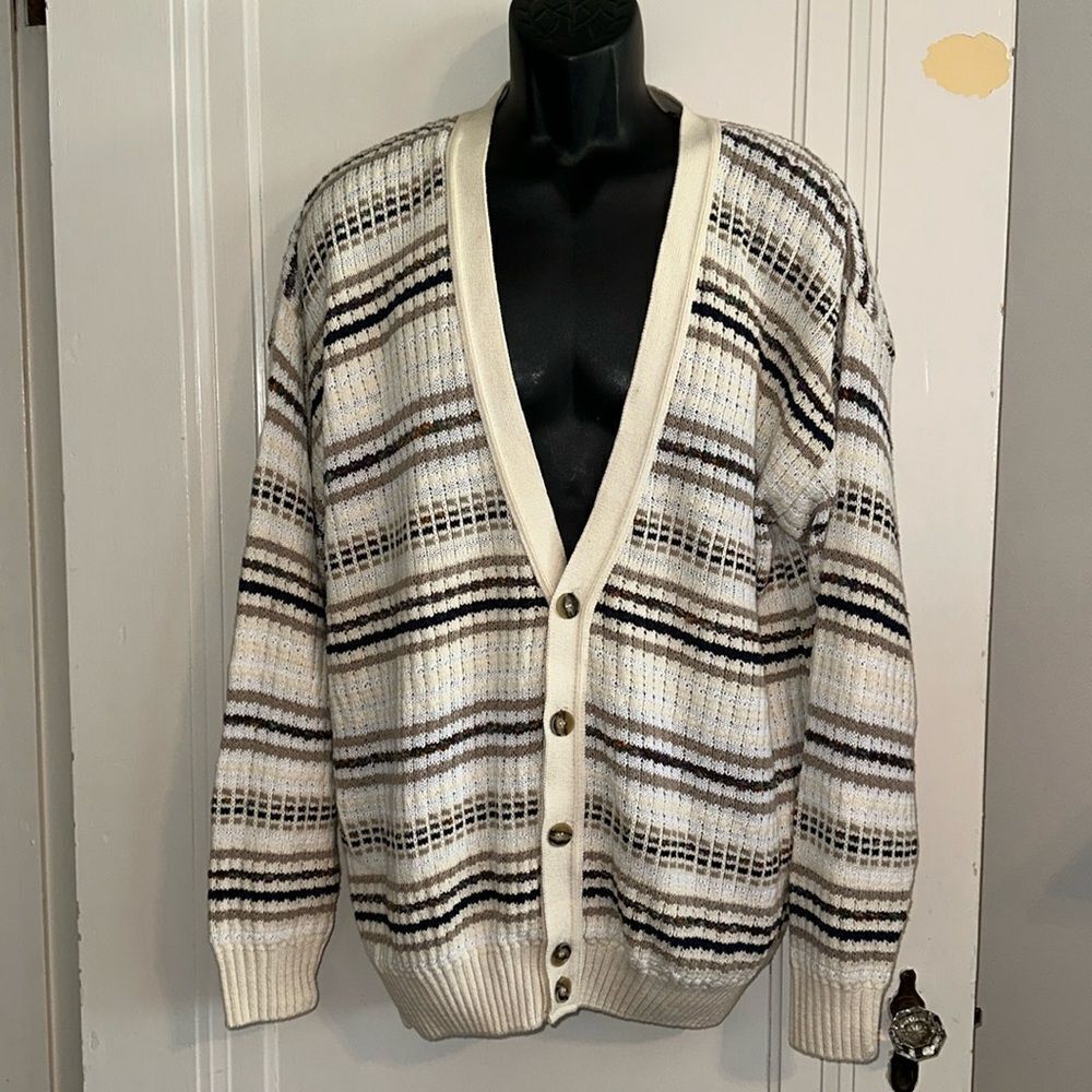 Vintage NWT Jantzen cream/ivory striped cotton cardigan sweater
